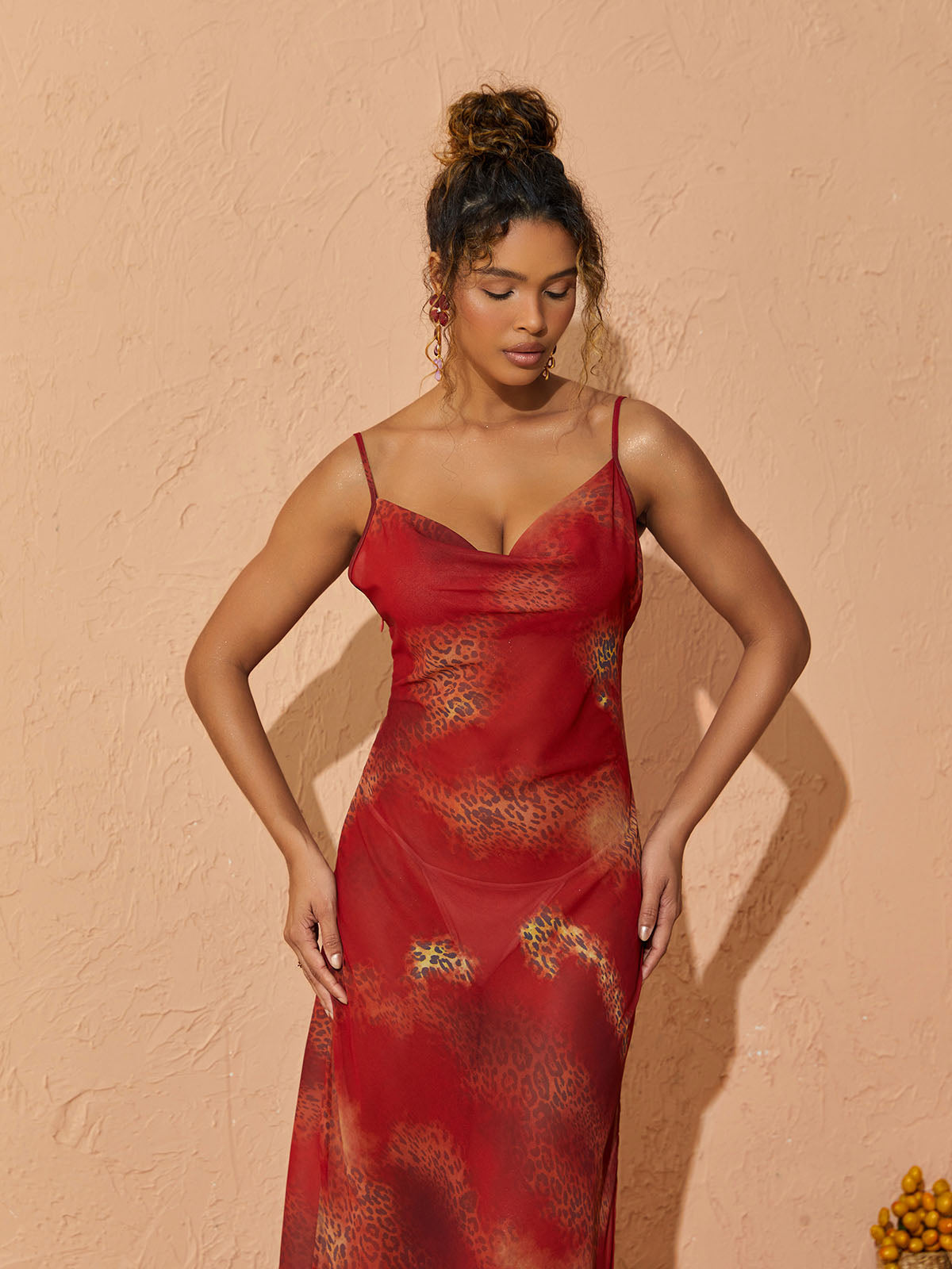 Spaghetti Strap Cowl Neck Leopard Chiffon Slip Maxi Dress