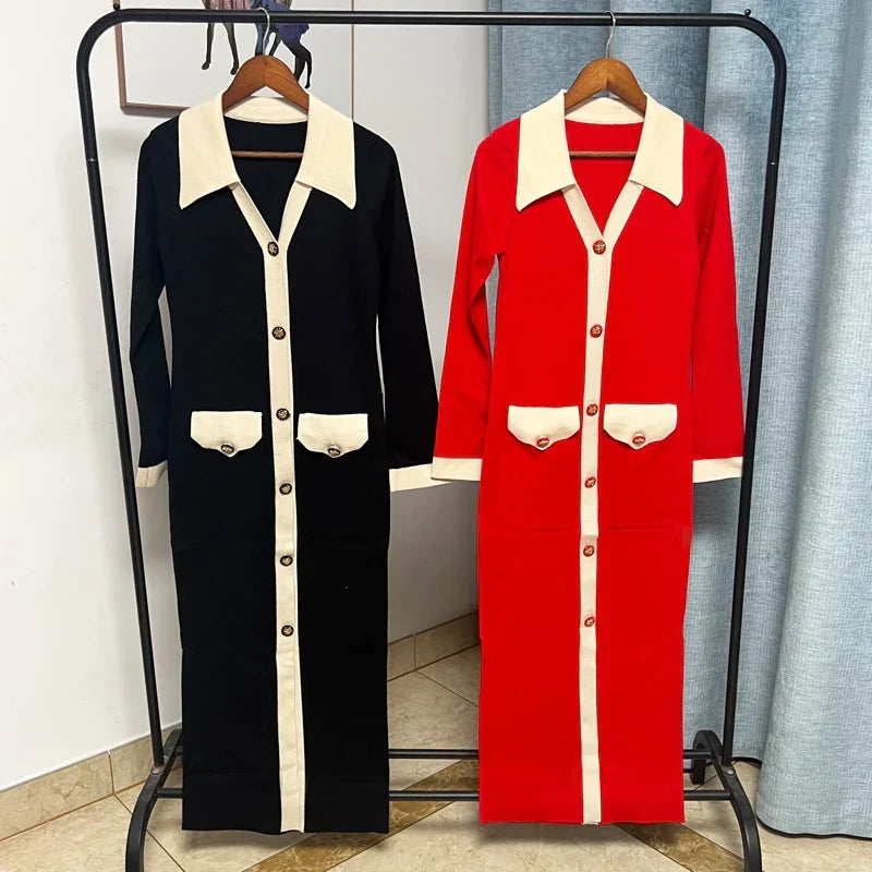Chic Knitted Turn-down Collar Red Black Party Dress