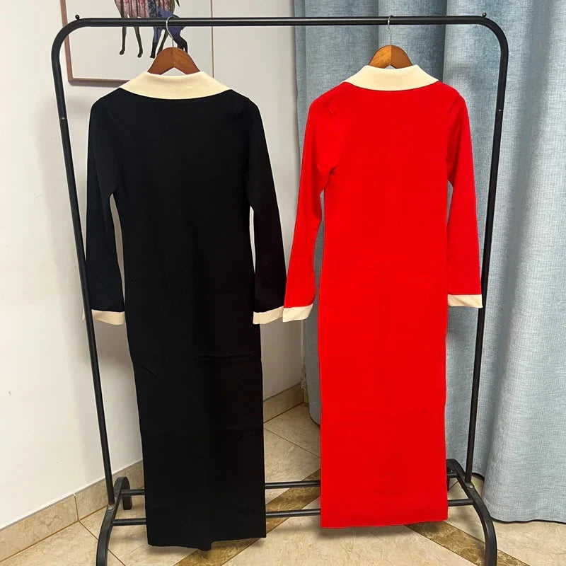 Chic Knitted Turn-down Collar Red Black Party Dress