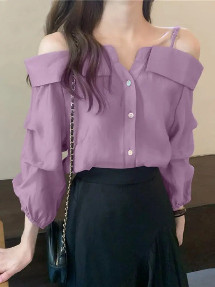 Sexy Off Shoulder Pleated Solid Blouse PURPLE / S blouse-250126