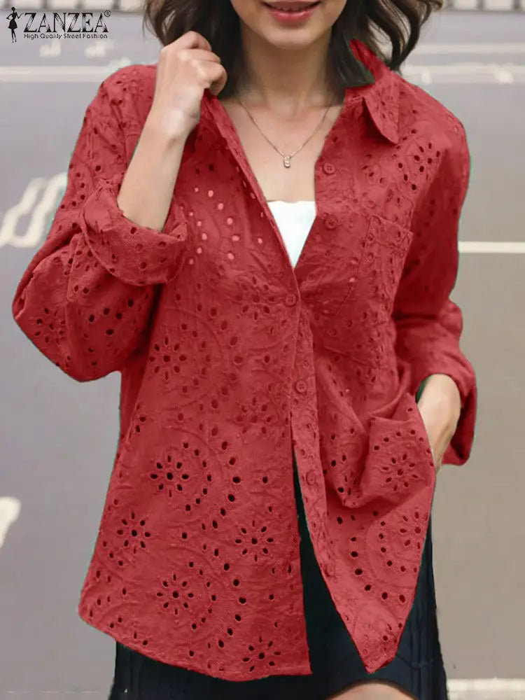 Casual Patchwork Turn-down Collar Embroidered Blouse Red / S blouse-250126
