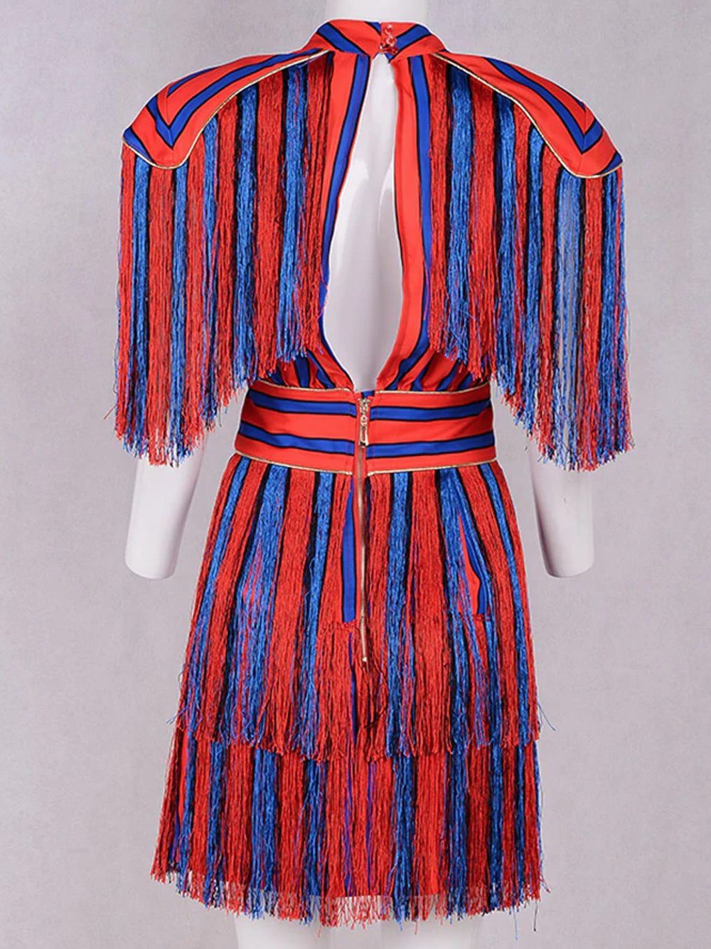Red Collared V-Neck Striped Fringe Tassel Short Sleeve Mini Dress