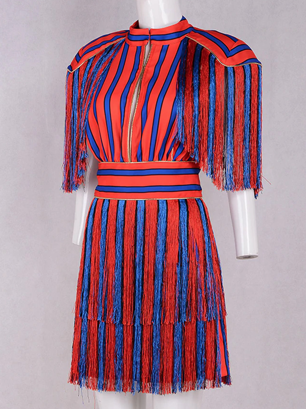 Red Collared V-Neck Striped Fringe Tassel Short Sleeve Mini Dress