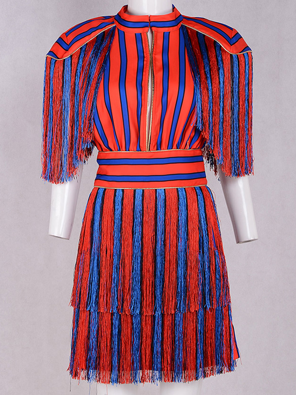Red Collared V-Neck Striped Fringe Tassel Short Sleeve Mini Dress