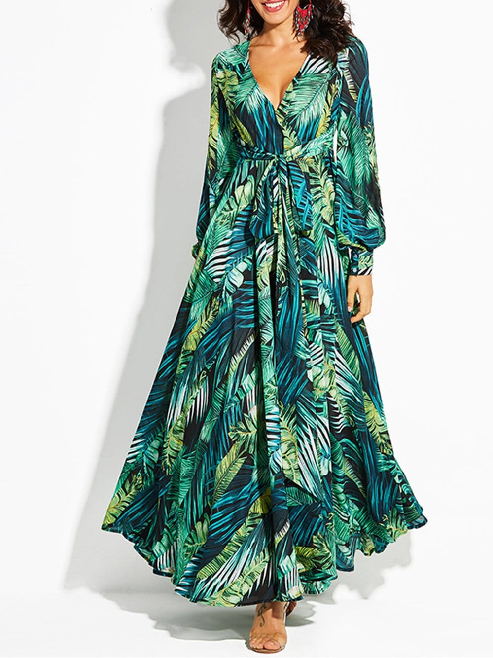 Green V-Neck Tropical Leaf Print Long Sleeve Belted Maxi Dress 6