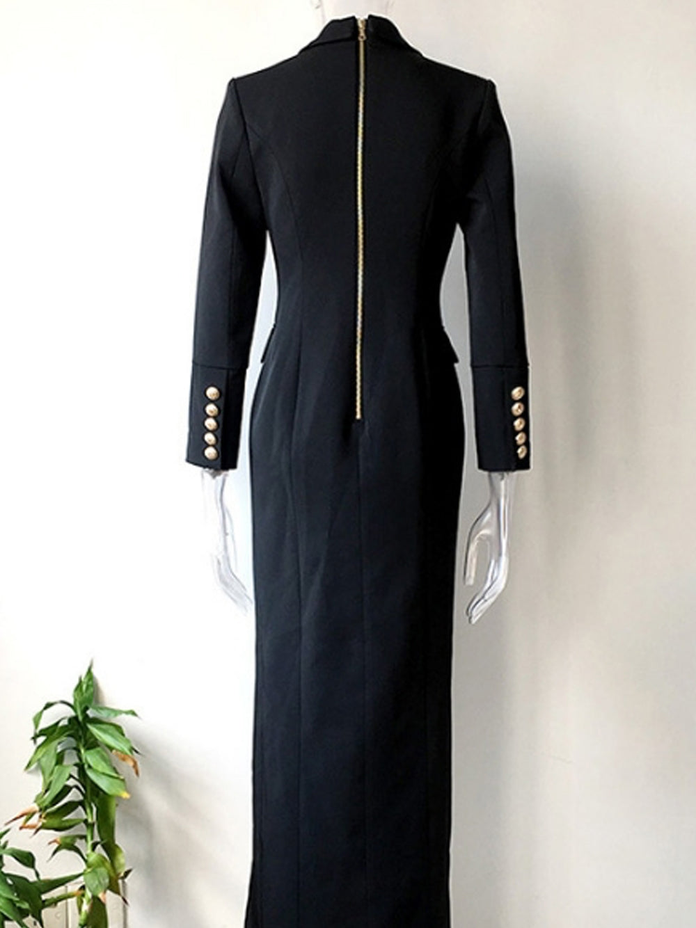 Black Peak Lapel Double Breasted Gold Button High Slit Blazer Maxi Dress 12