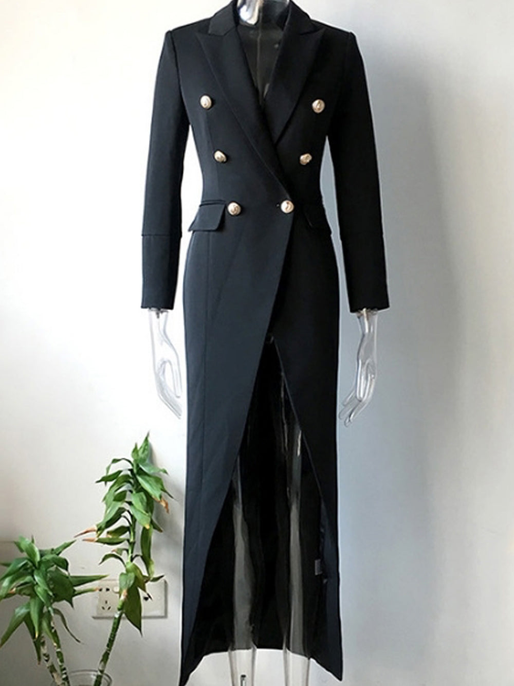 Black Peak Lapel Double Breasted Gold Button High Slit Blazer Maxi Dress 11