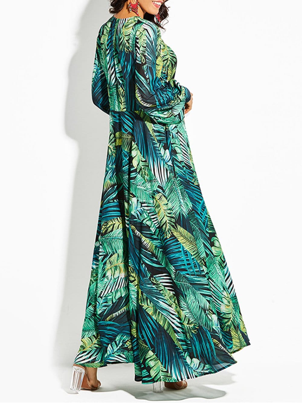 Green V-Neck Tropical Leaf Print Long Sleeve Belted Maxi Dress 7