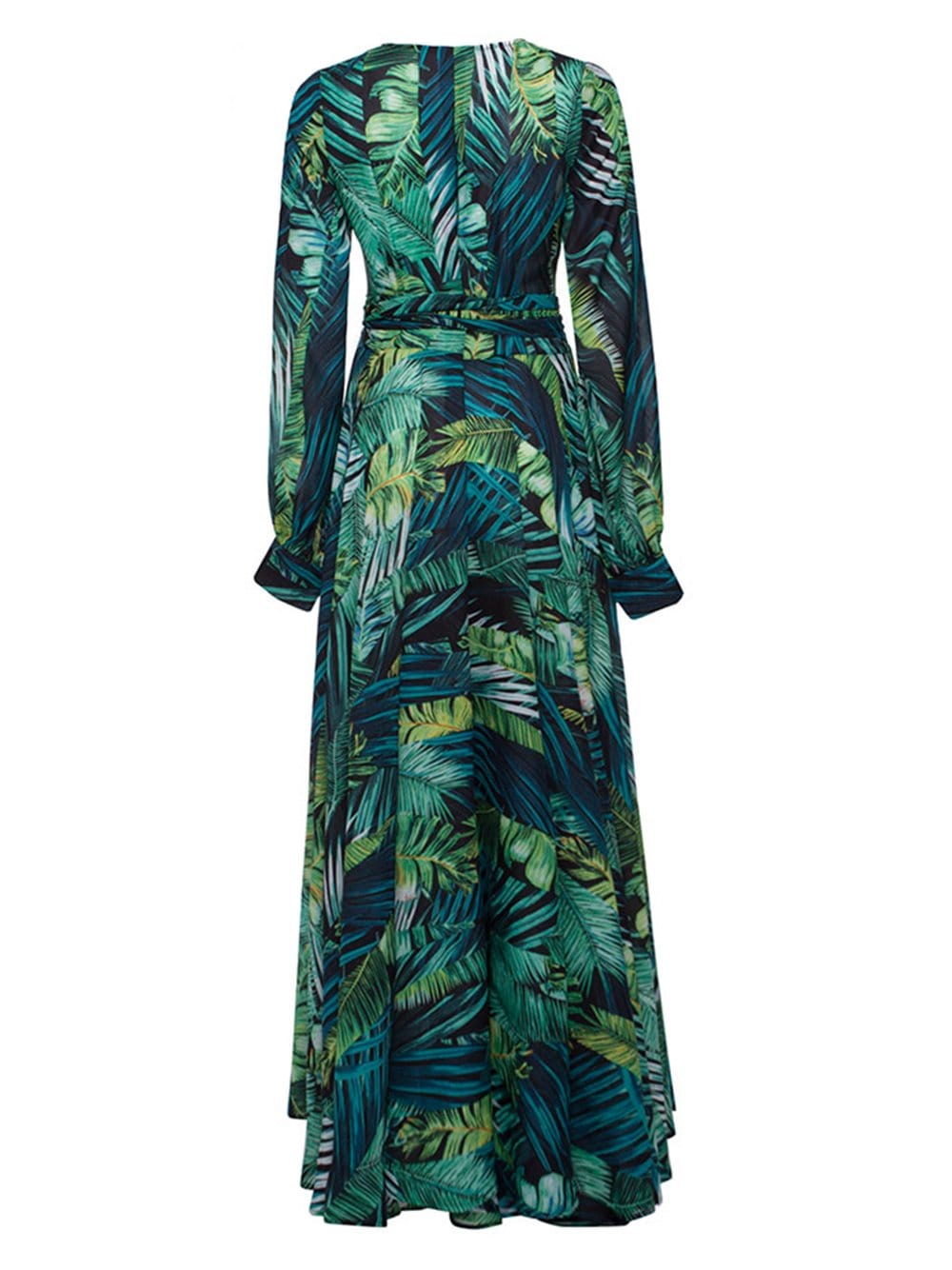 Green V-Neck Tropical Leaf Print Long Sleeve Belted Maxi Dress 2