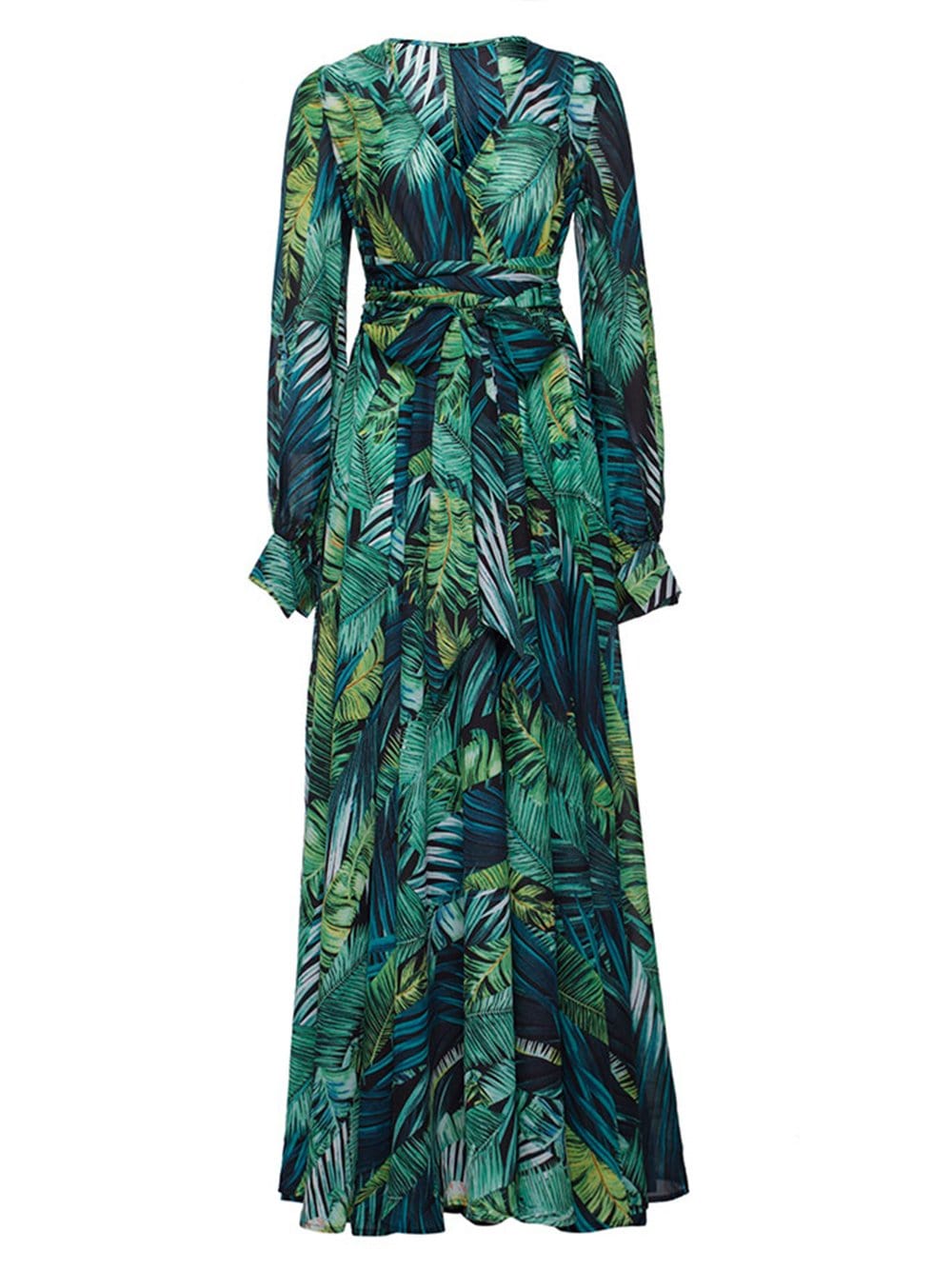 Green V-Neck Tropical Leaf Print Long Sleeve Belted Maxi Dress