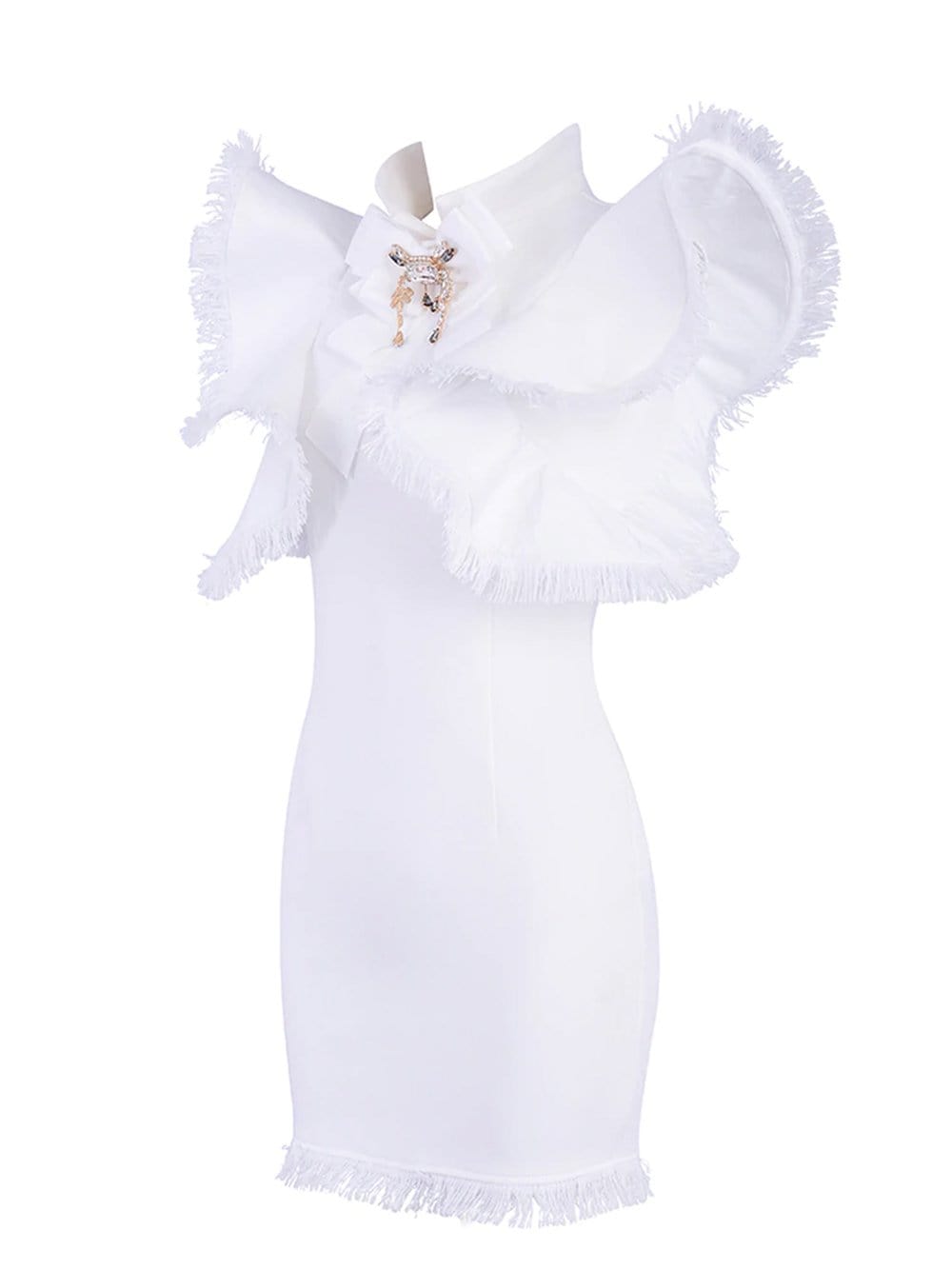 White High Neck Bow Rhinestone Brooch Frayed Ruffle Bodycon Mini Dress 7