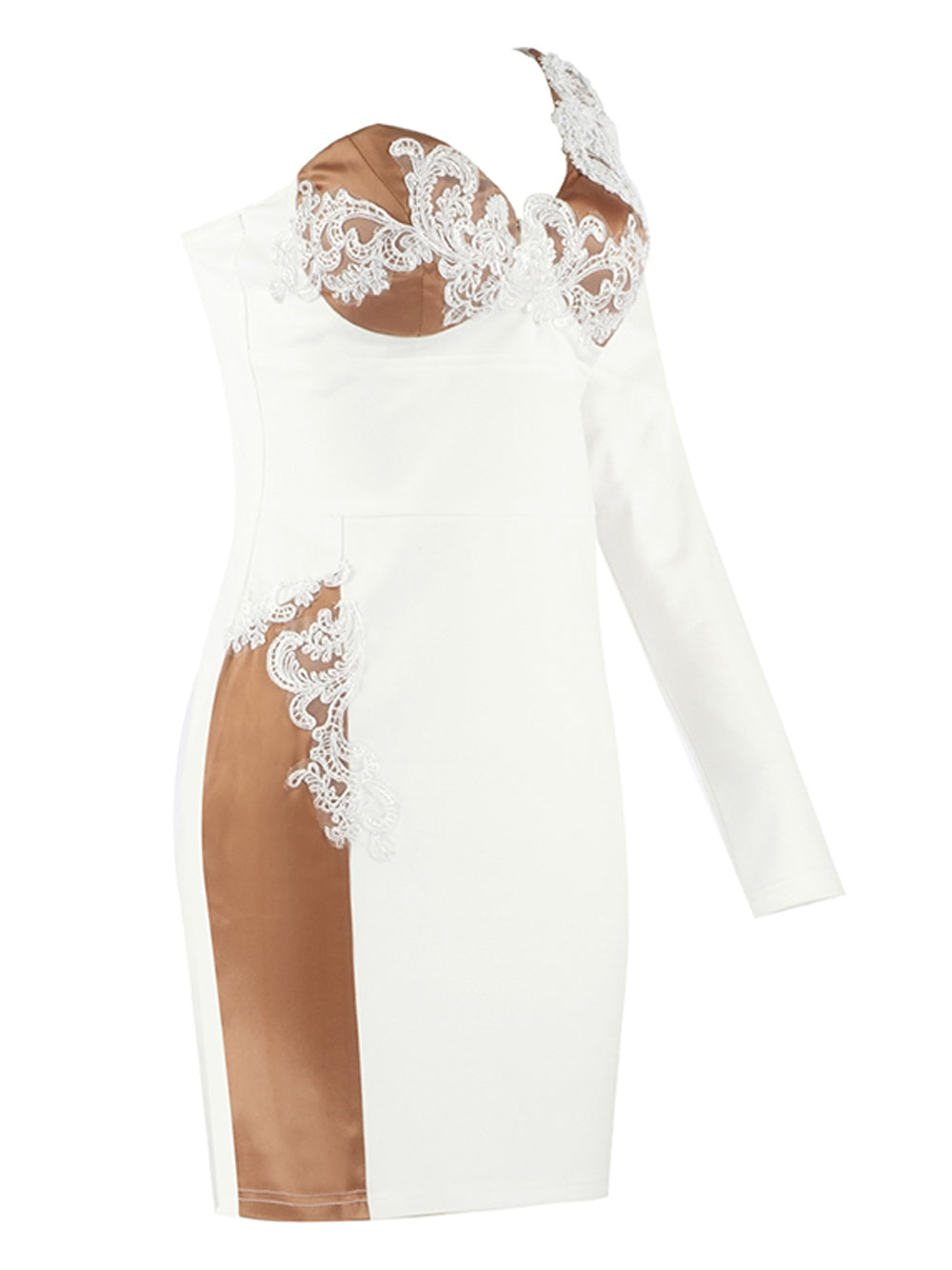 White One Shoulder Floral Lace Applique Mesh Illusion Bodycon Mini Dress 4