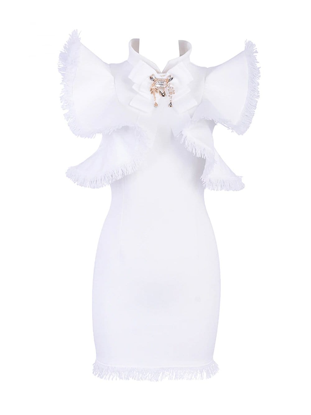 White High Neck Frayed Ruffle Trim Embellished Bodycon Mini Dress