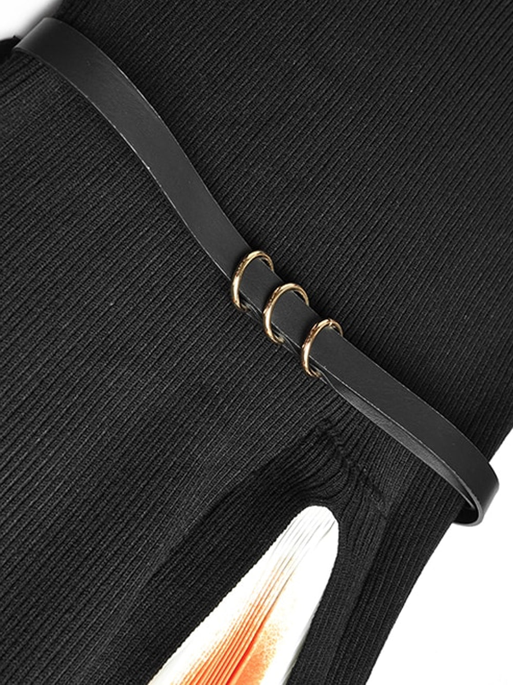 Black Round Neck Ribbed Knit Belted Pleated Panel Maxi Dress 17