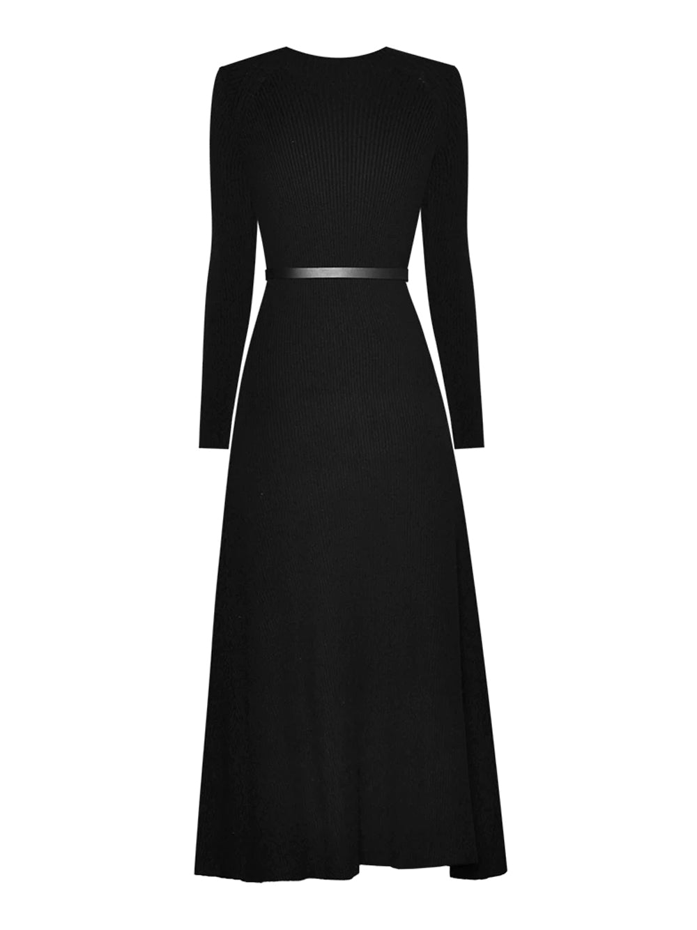 Black Round Neck Ribbed Knit Belted Pleated Panel Maxi Dress 2