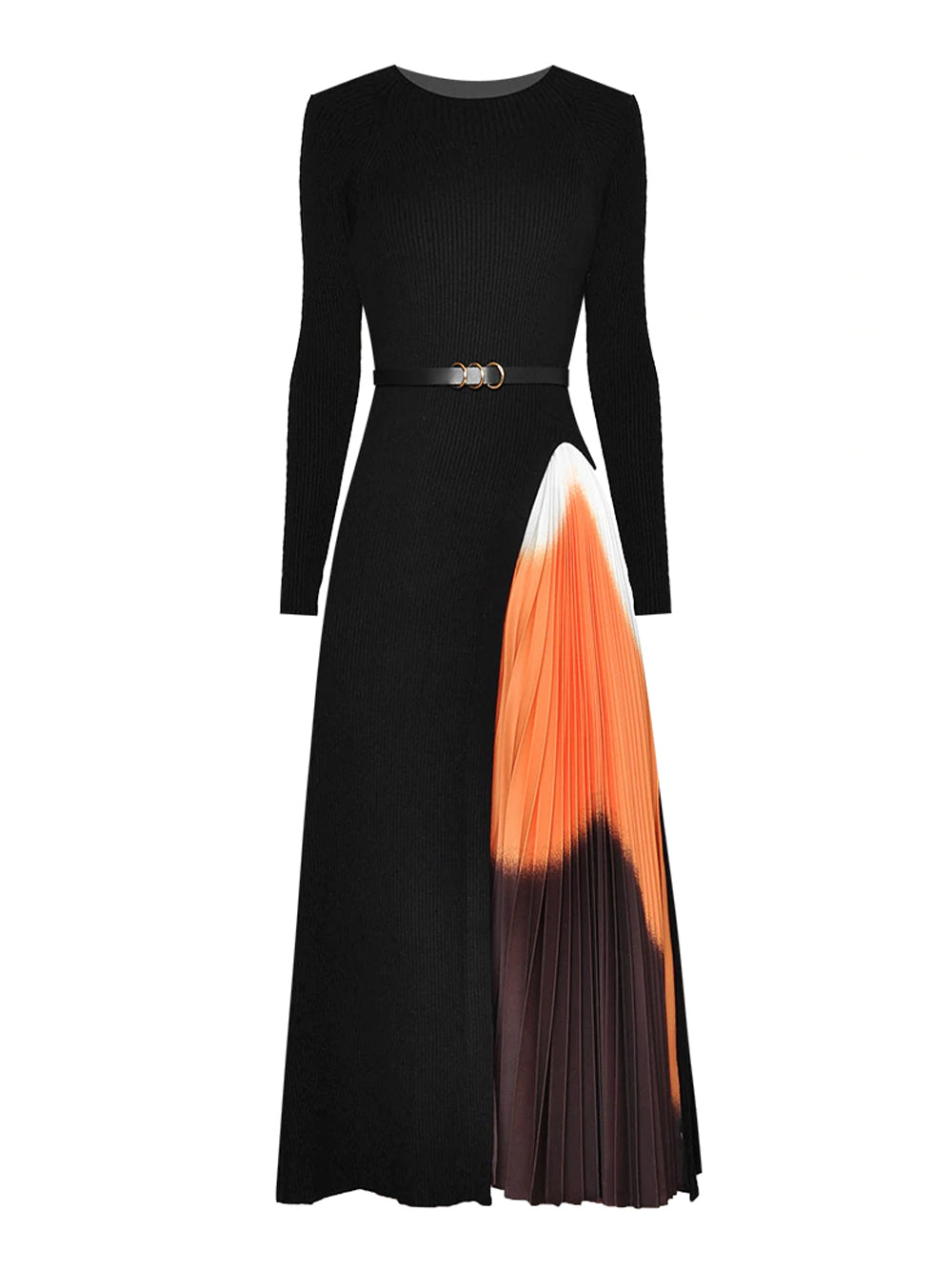 Black Round Neck Ribbed Knit Belted Pleated Panel Maxi Dress