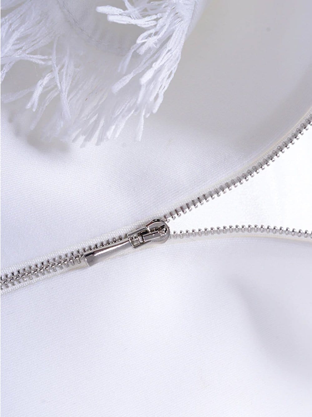 White High Neck Bow Rhinestone Brooch Frayed Ruffle Bodycon Mini Dress 16