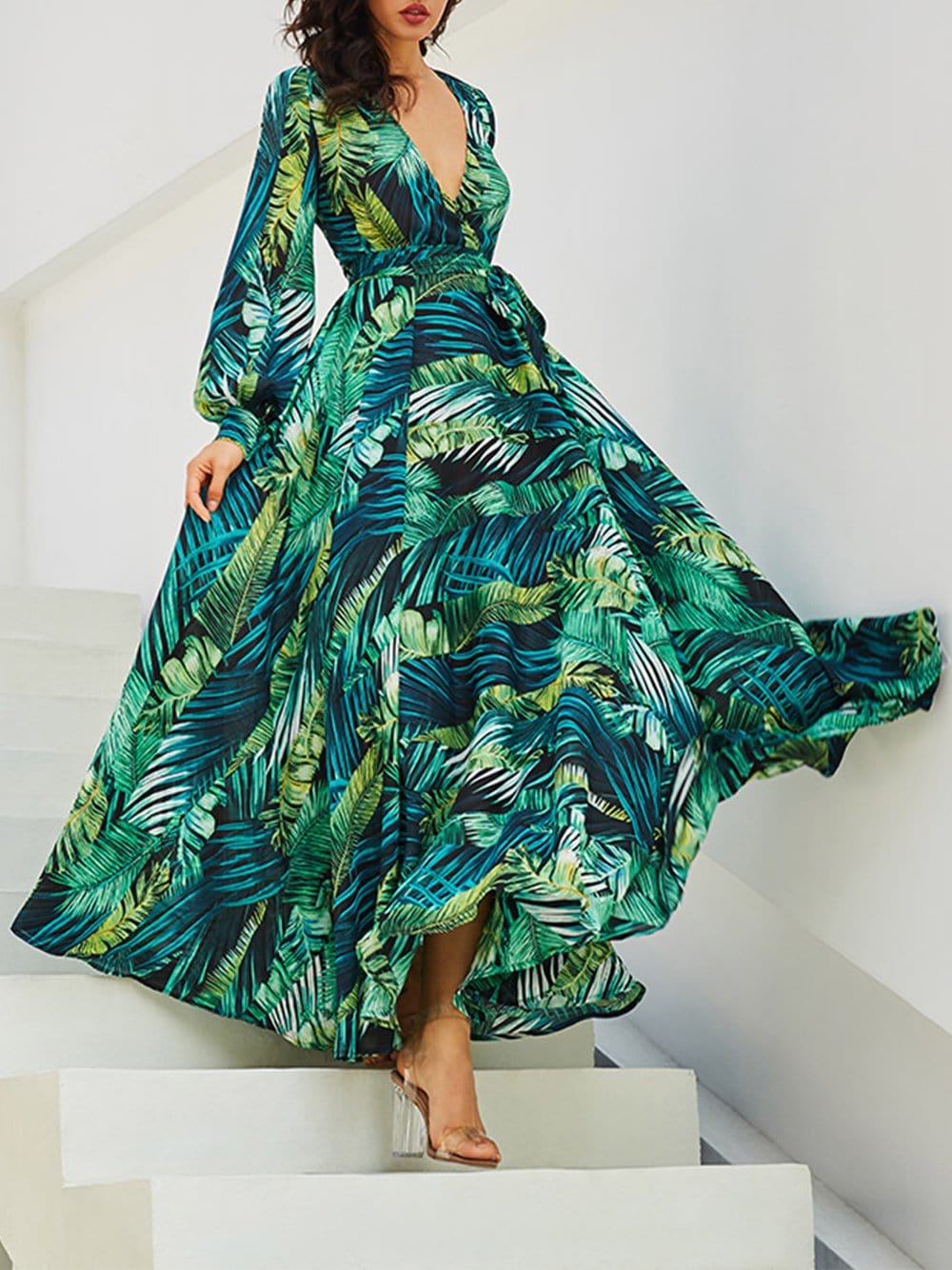 Green V-Neck Tropical Leaf Print Long Sleeve Belted Maxi Dress 4