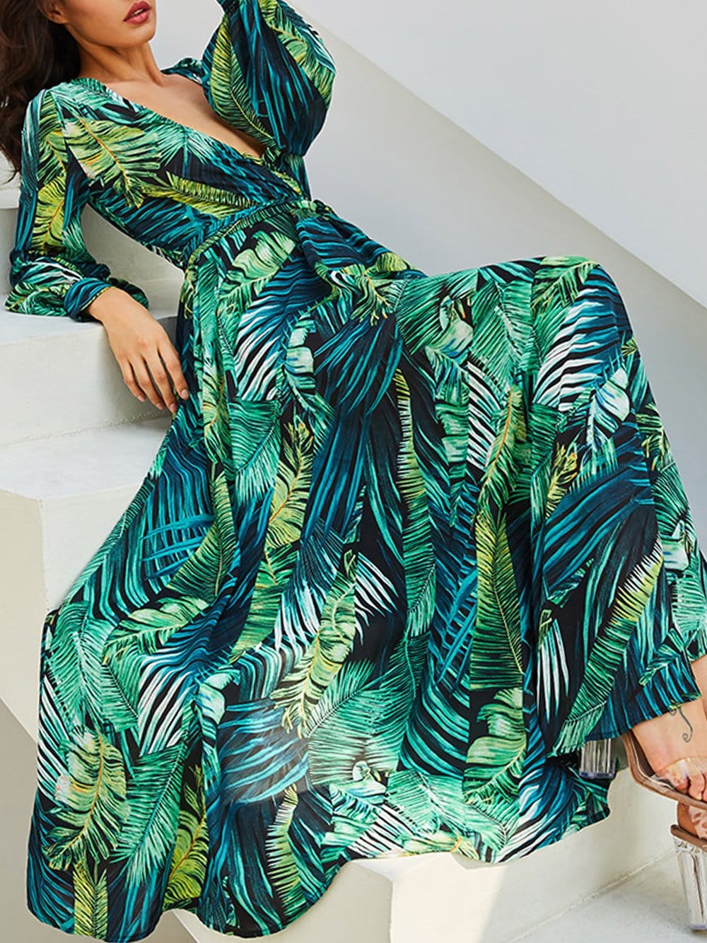 Green V-Neck Tropical Leaf Print Long Sleeve Belted Maxi Dress 5