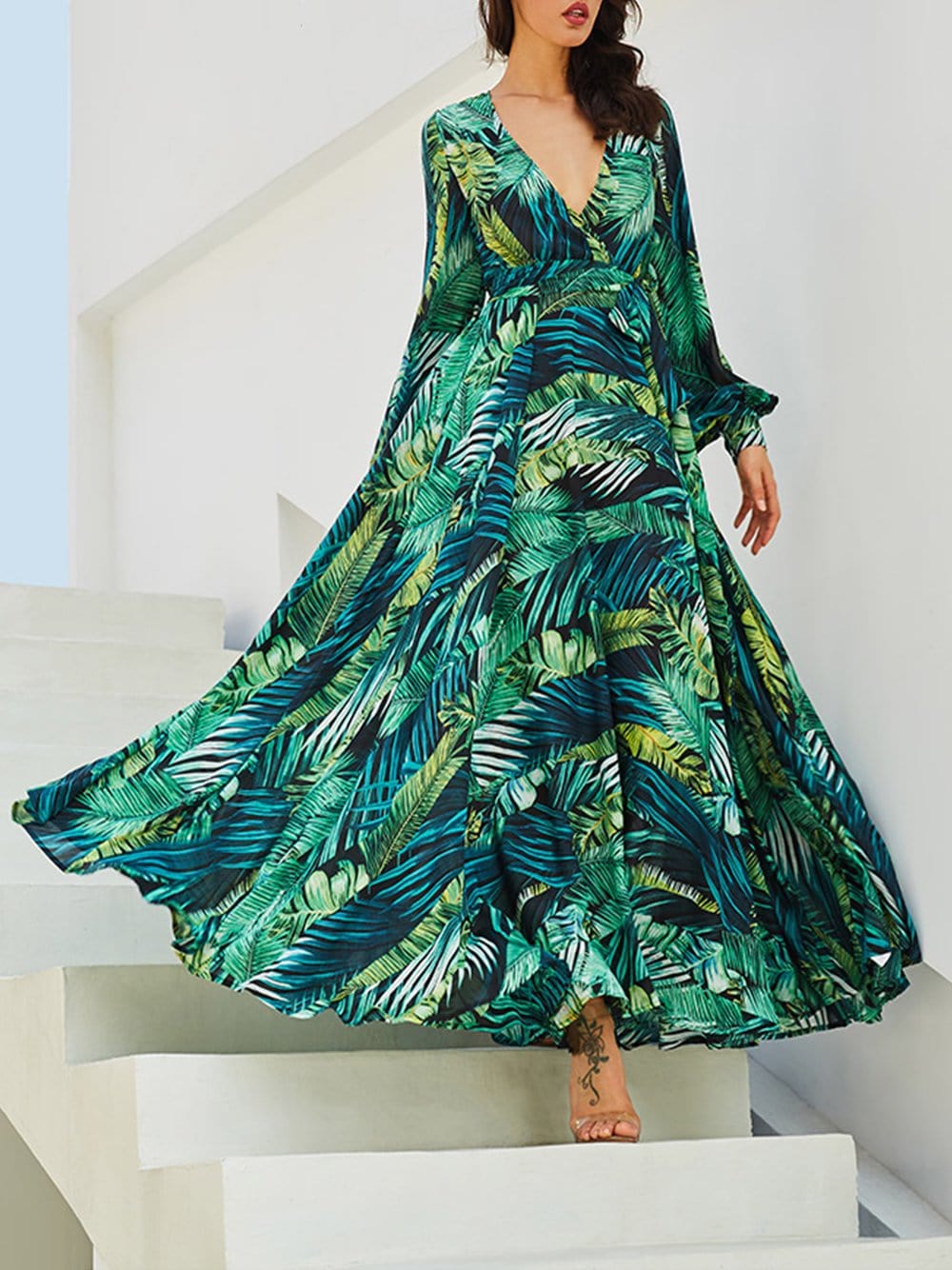 Green V-Neck Tropical Leaf Print Long Sleeve Belted Maxi Dress 3