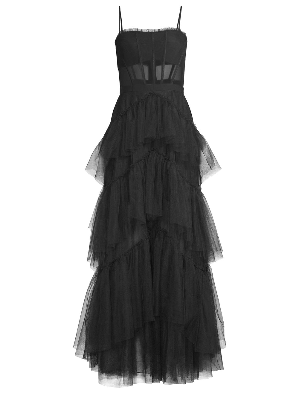 Black Strap Corset Bustier Sheer Tiered Ruffle Tulle Maxi Gown 5