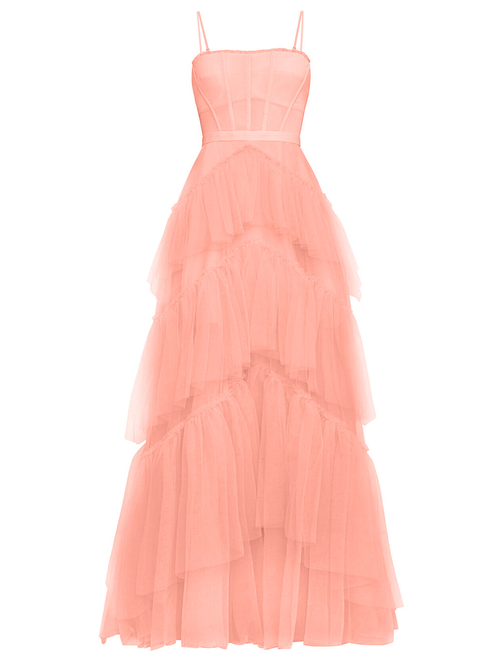 Pink Spaghetti Strap Corset Tiered Tulle Ruffle A-Line Maxi Gown