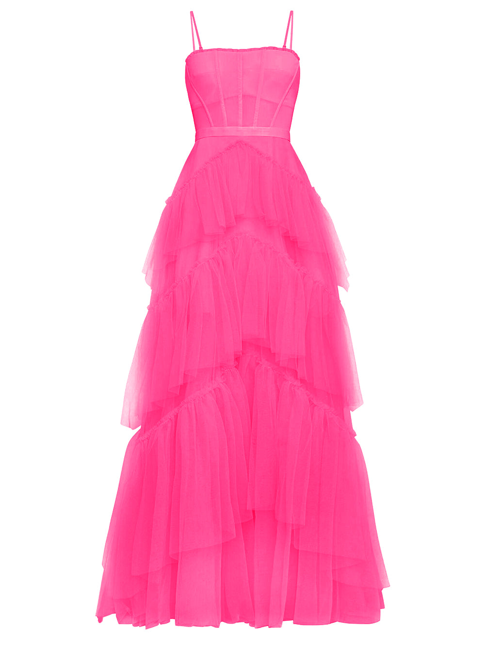 Fuchsia Square Neck Strap Corset Tulle Tiered Ruffle Maxi Gown