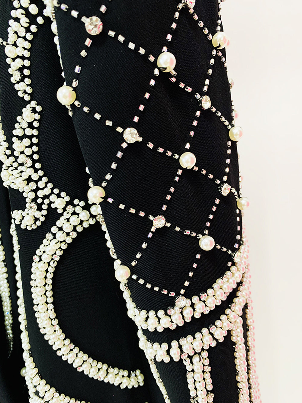 Black Shawl Lapel Pearl Beaded Rhinestone Long Sleeve Blazer Mini Dress