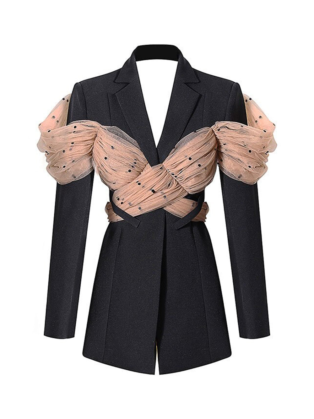 Black Notch Lapel Polka Dot Mesh Bow Wrap Blazer 3