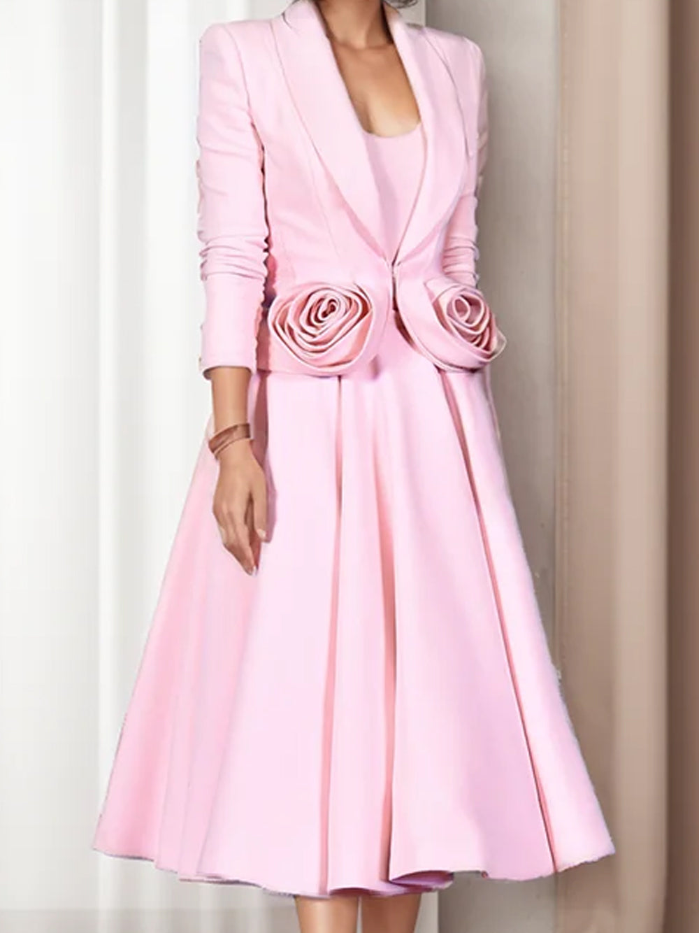 Pink Shawl Lapel Rosette Cropped Blazer Midi Skirt Set