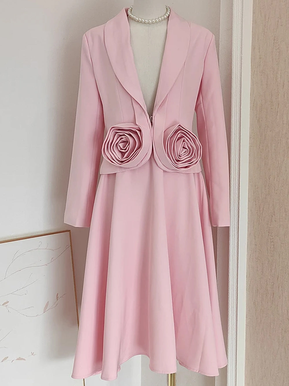 Pink Shawl Lapel Rosette Cropped Blazer Midi Skirt Set