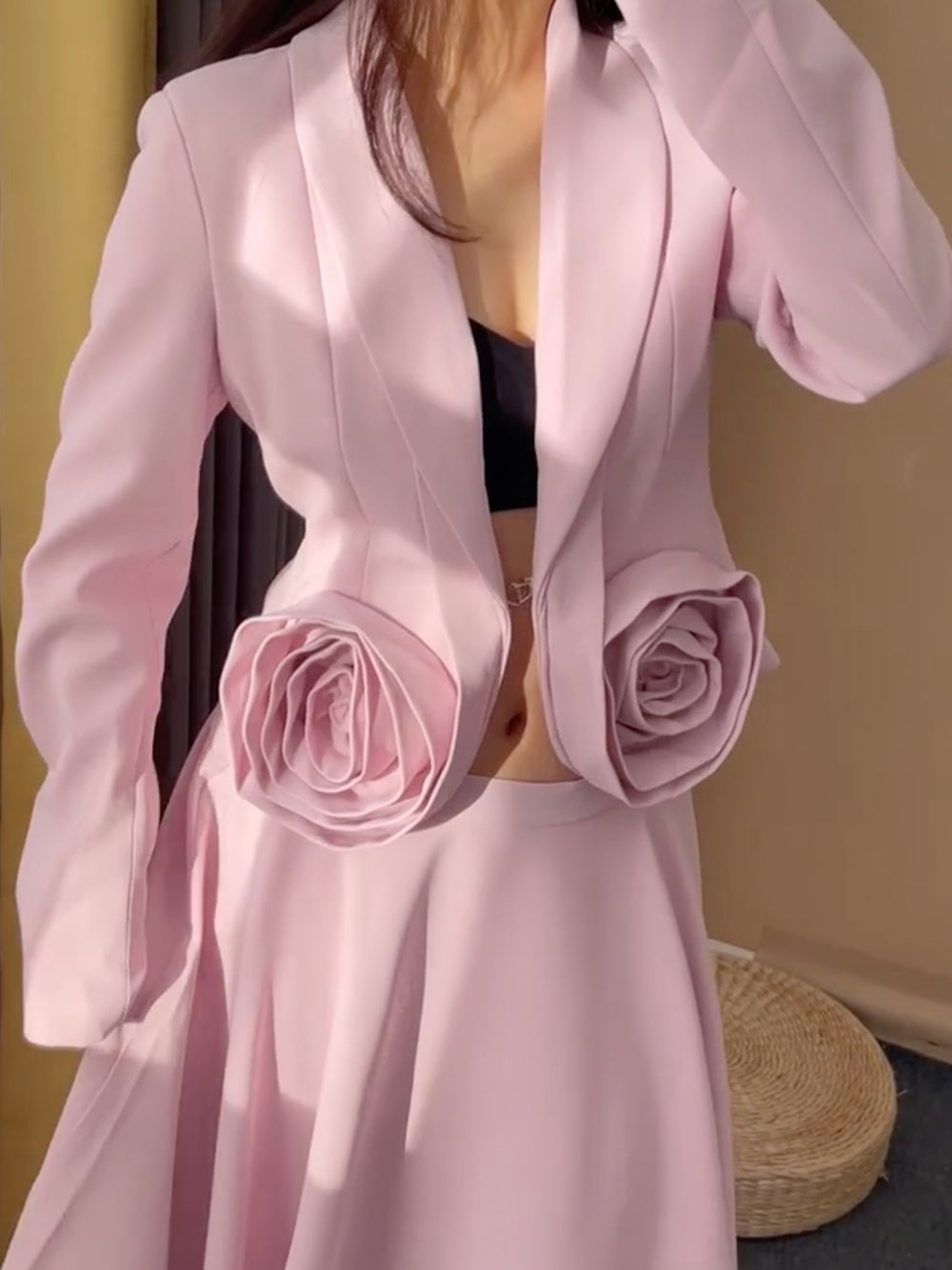 Pink Shawl Lapel Rosette Cropped Blazer Midi Skirt Set