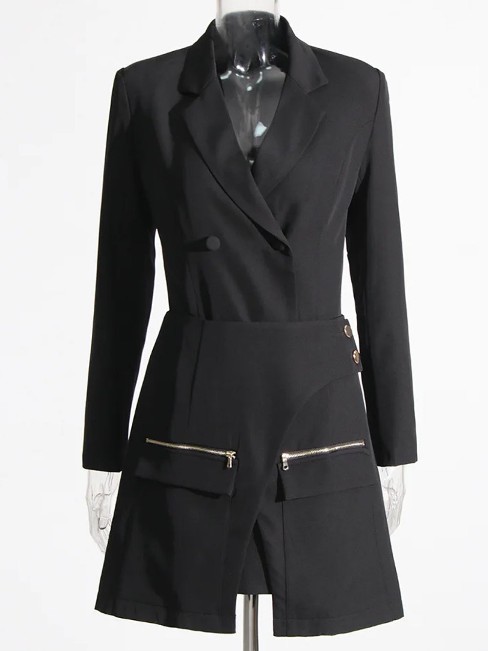 Black Notch Lapel Zip Pocket Blazer And Skirt Set