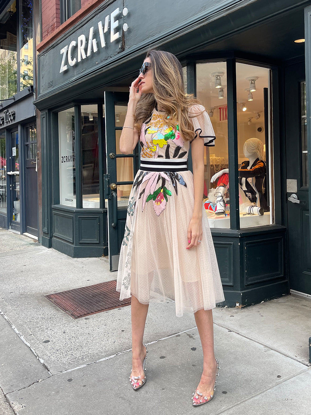 Apricot Round Neck Flutter Sleeve Floral Sequin Tulle A-Line Midi Dress