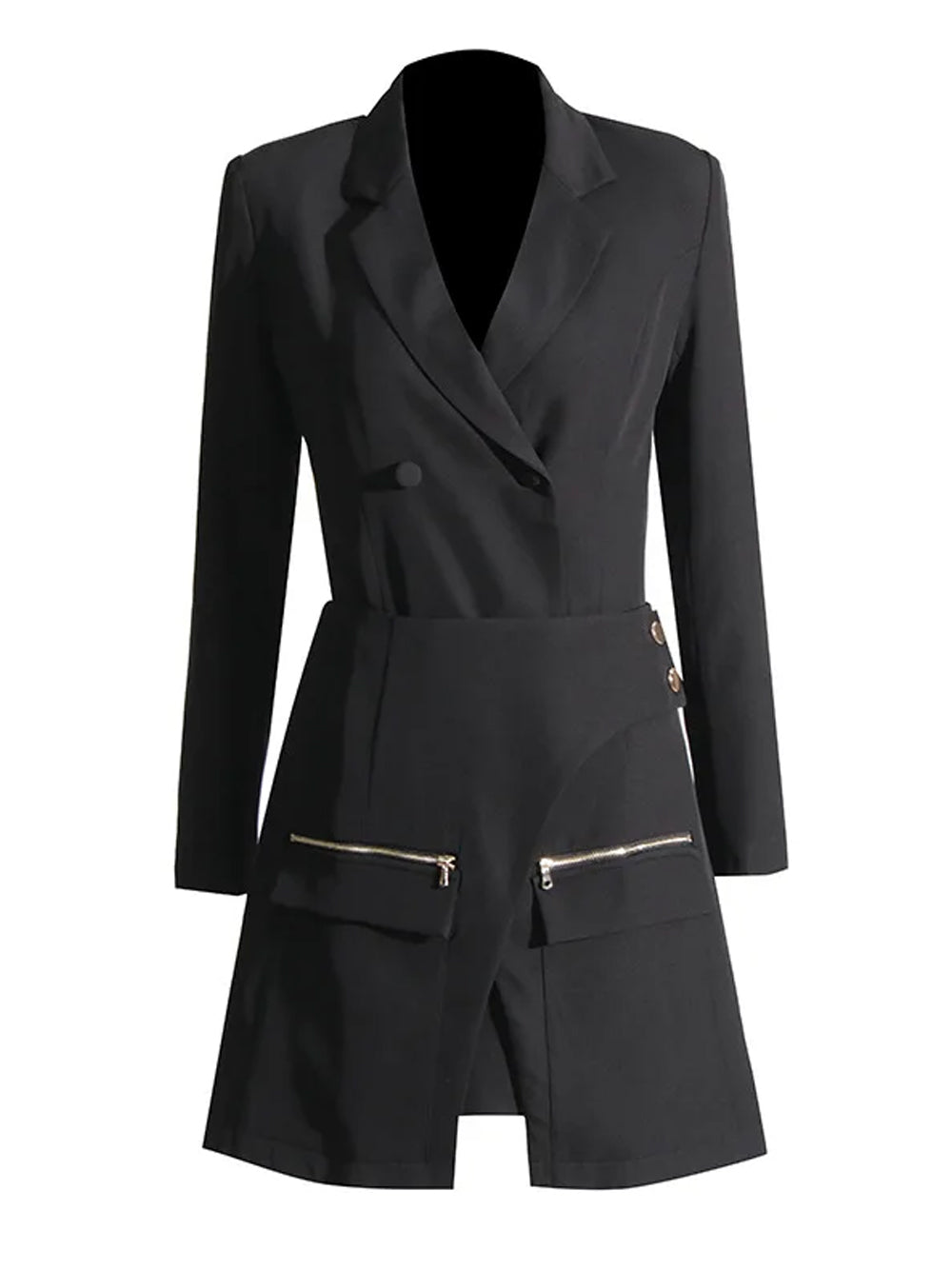 Black Notch Lapel Zip Pocket Blazer And Skirt Set