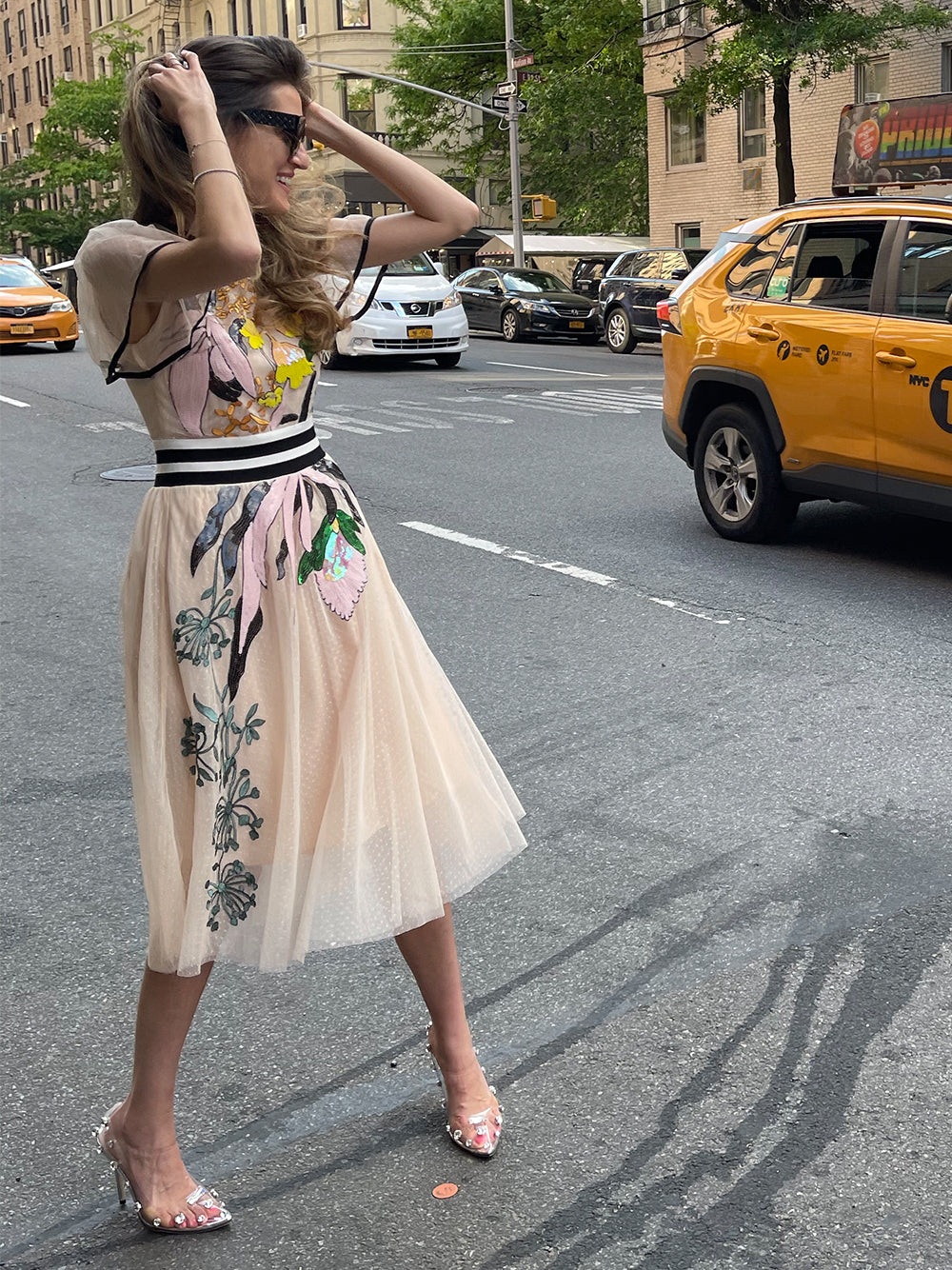 Apricot Round Neck Flutter Sleeve Floral Sequin Tulle A-Line Midi Dress