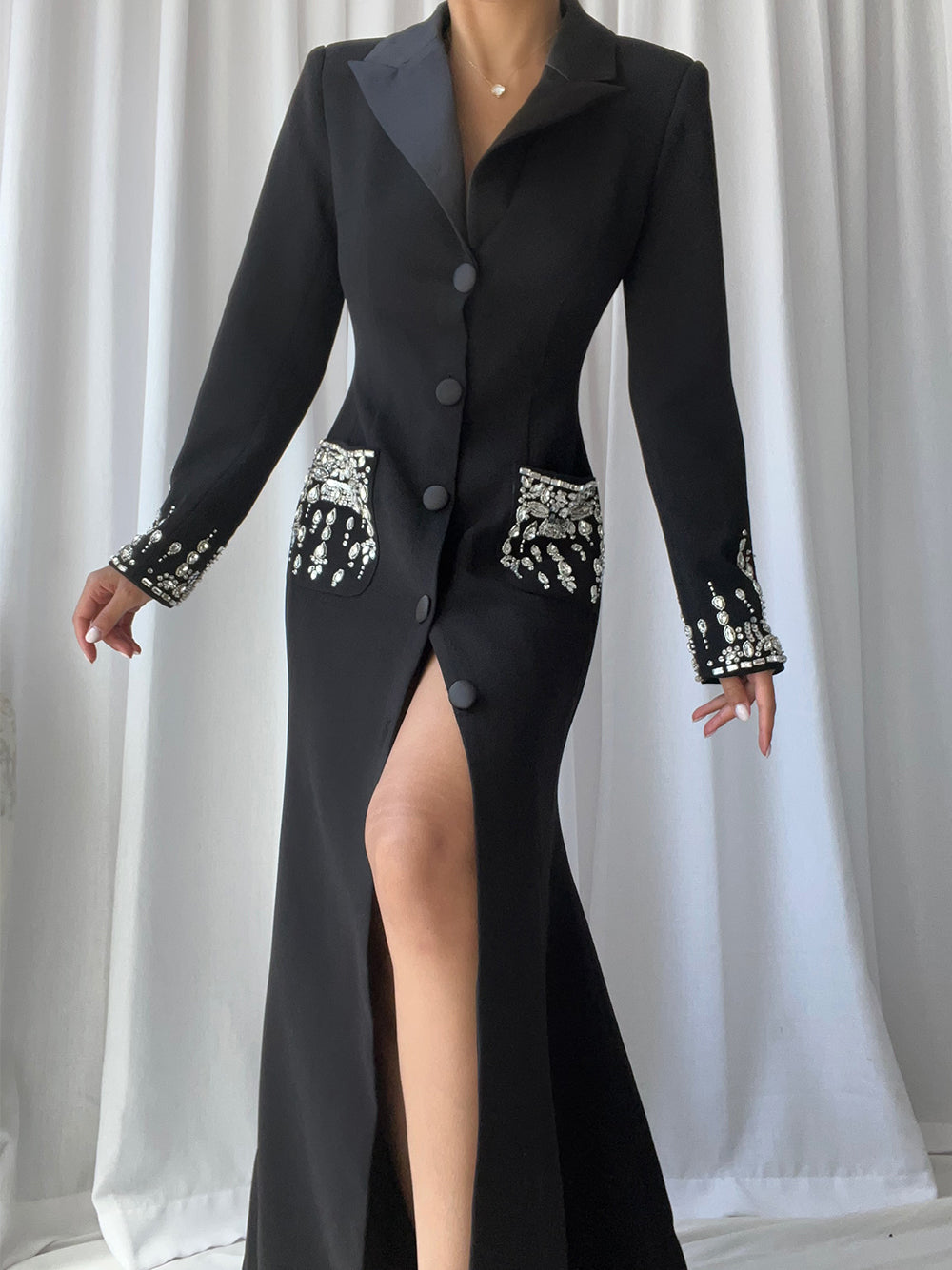 Black Notch Lapel Crystal Pocket Long Sleeve High Slit Blazer Maxi Dress
