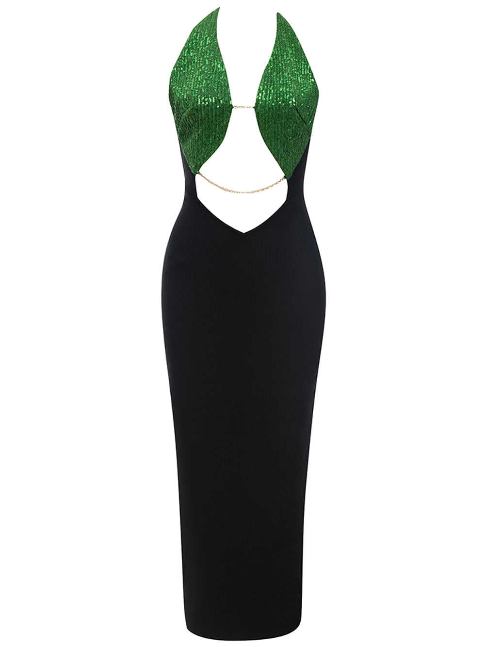 Black Plunge Neck Sequin Chain Cutout Bodycon Maxi Dress