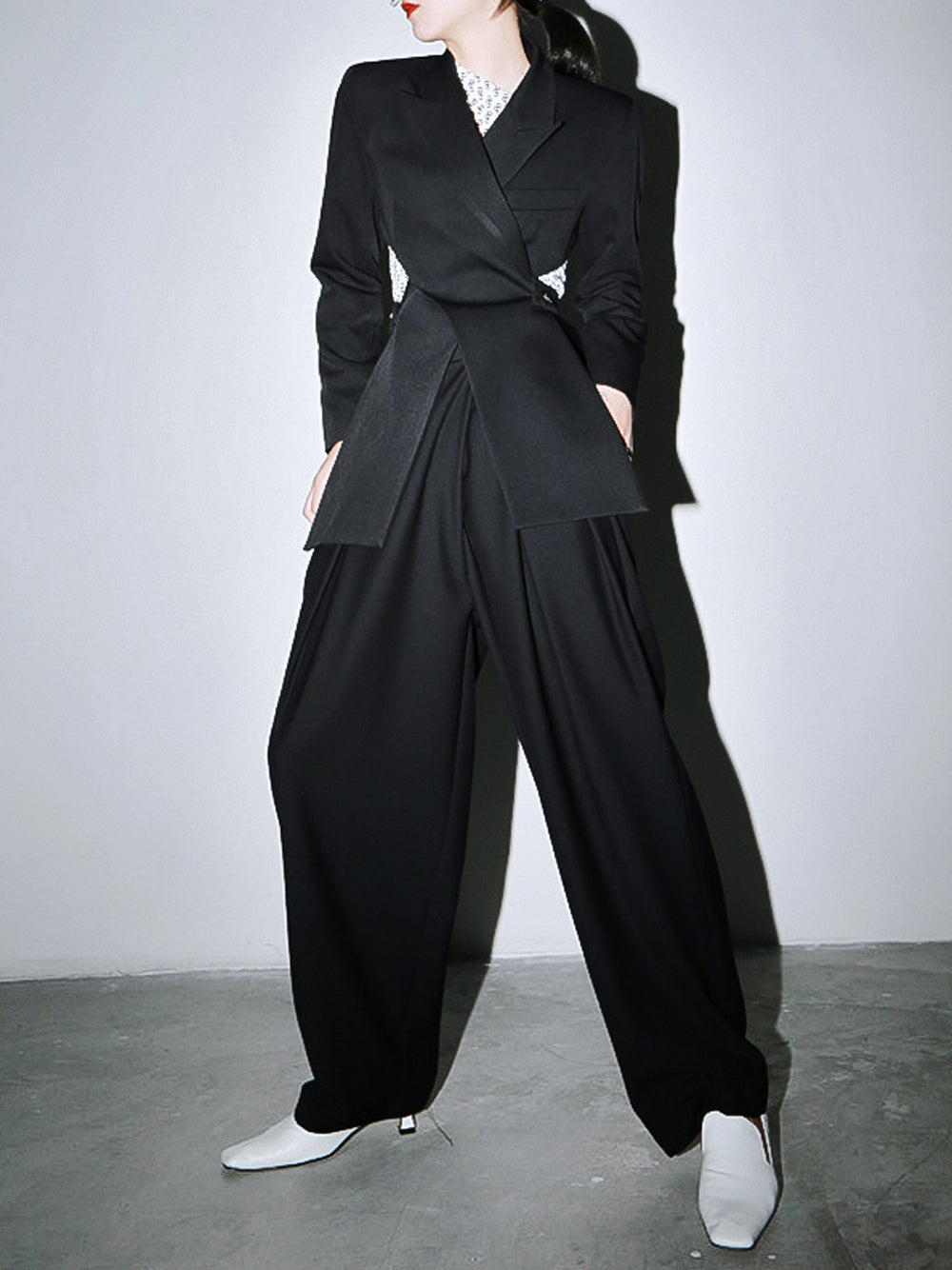 Black Notched Lapel Asymmetric Crossover Cutout Blazer