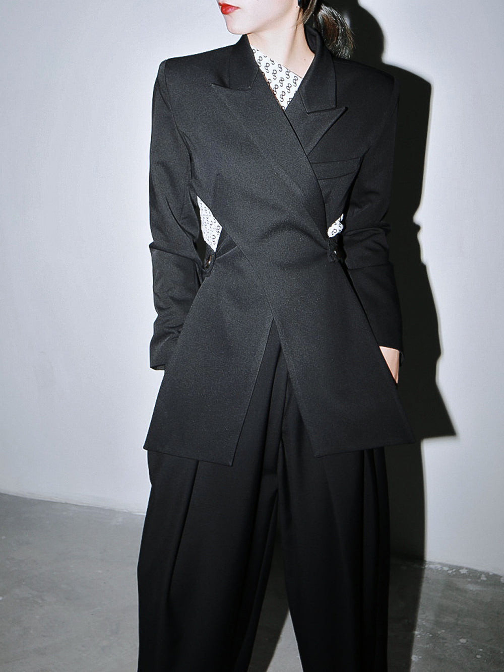 Black Notched Lapel Asymmetric Crossover Cutout Blazer