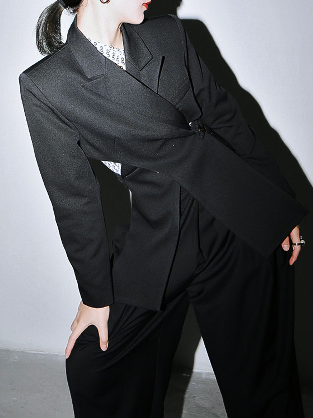 Black Notched Lapel Asymmetric Crossover Cutout Blazer