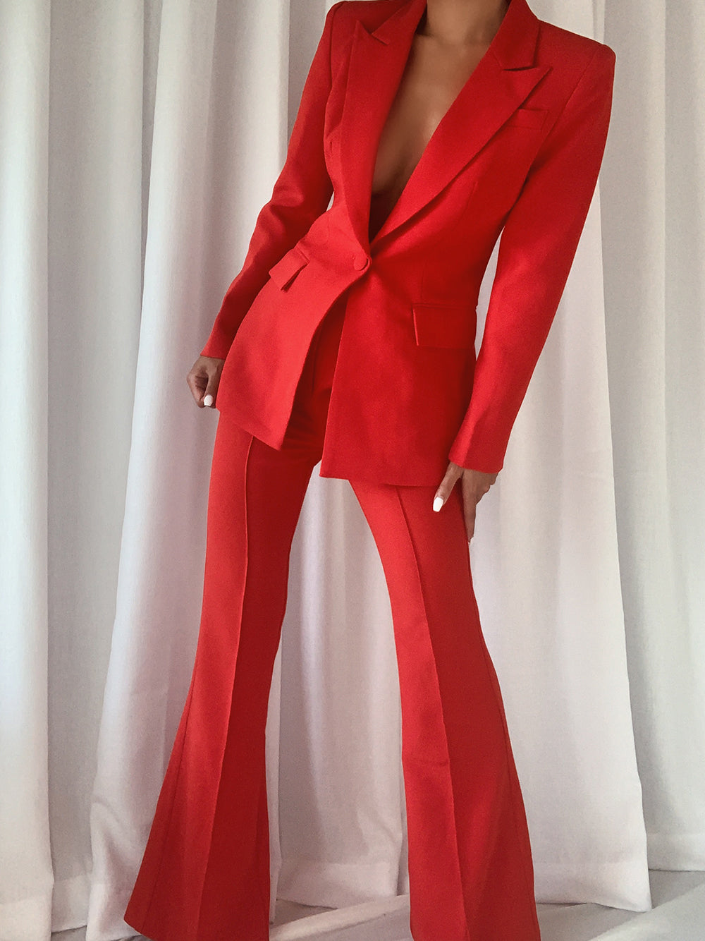 Red Peak Lapel Single Button Fitted Blazer and Flared Pants Set