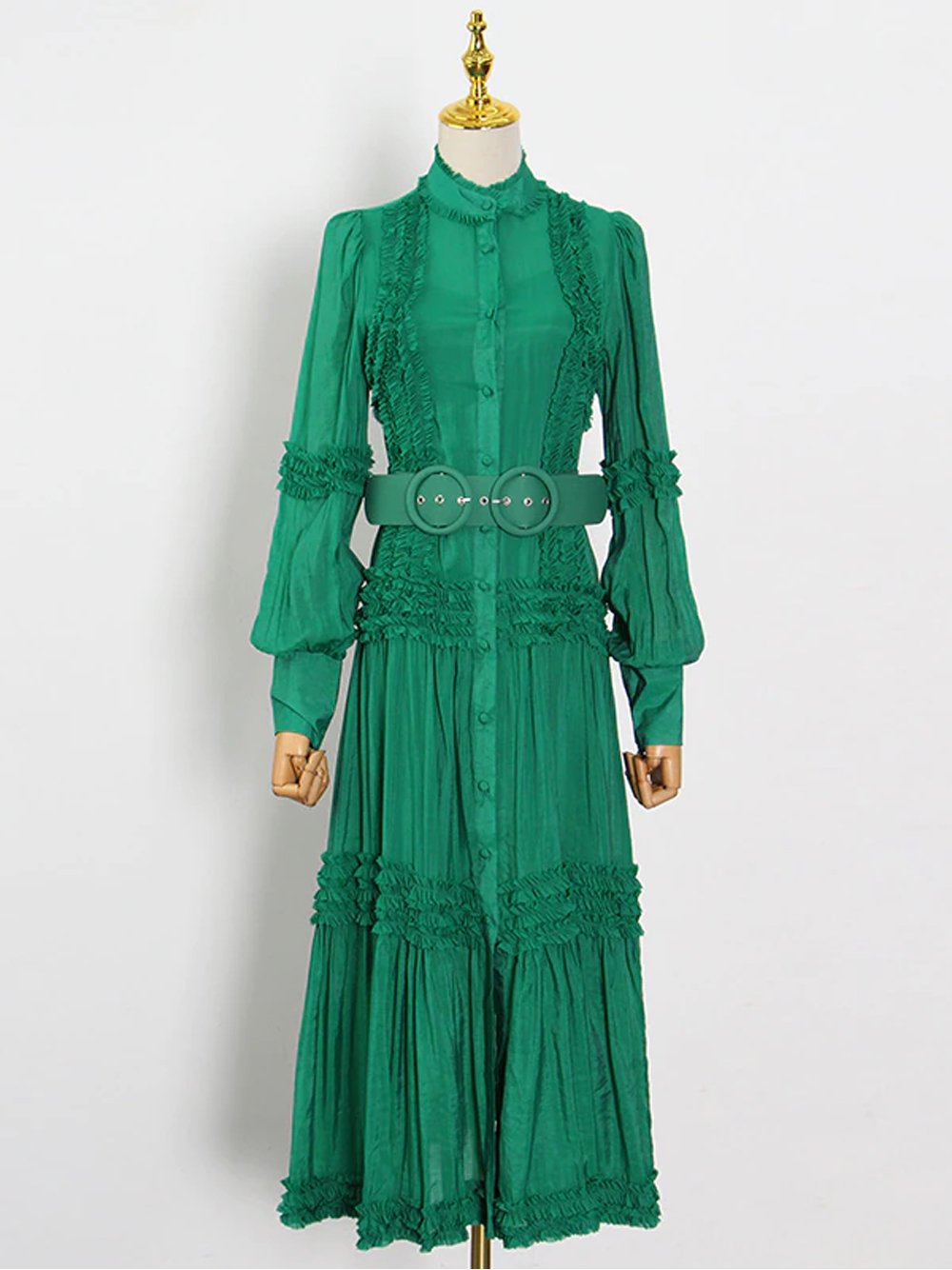 Green Mock Neck Button Front Ruffle Trim Belted Tiered Maxi Dress