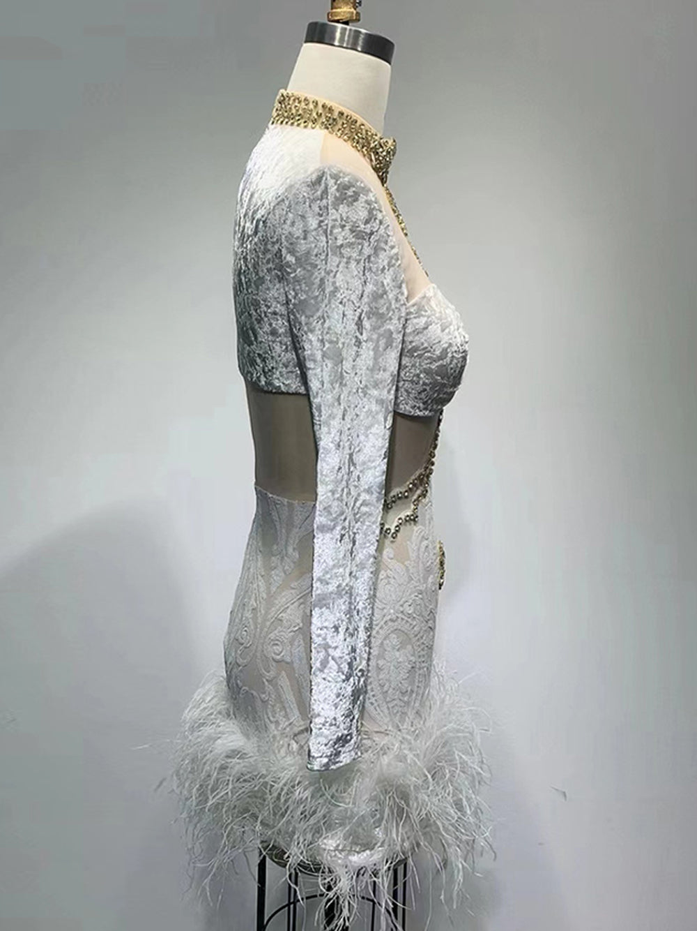 White High Neck Rhinestone Illusion Lace Feather Hem Bodycon Mini Dress