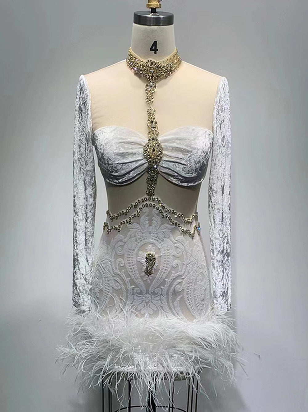 White High Neck Rhinestone Illusion Lace Feather Hem Bodycon Mini Dress
