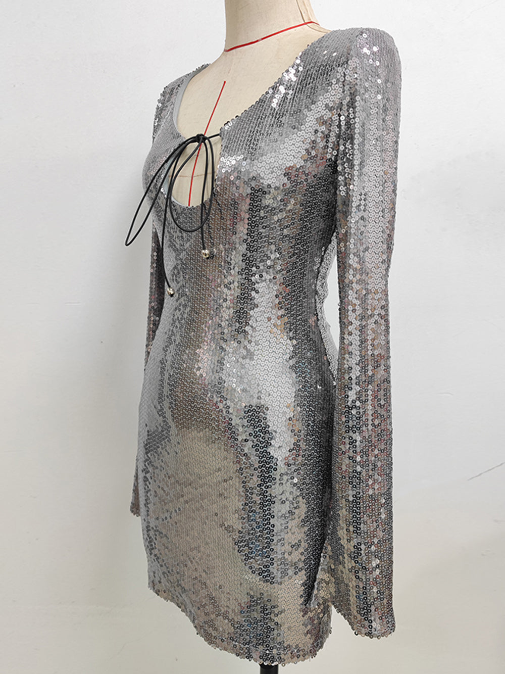 Silver Plunge Neck Sequin Long Sleeve Bodycon Mini Dress