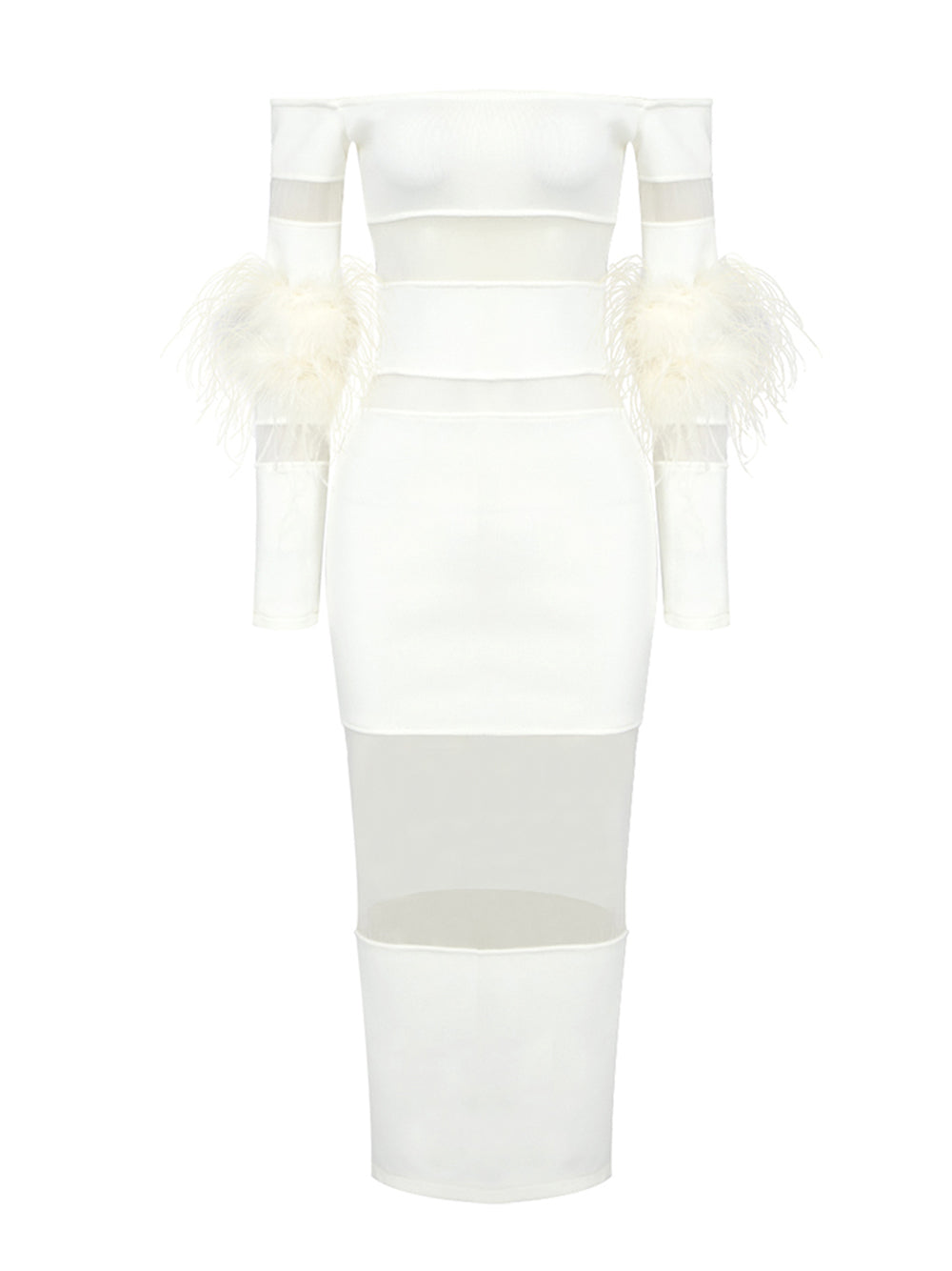 White Off-Shoulder Feather Cuff Long Sleeve Sheer Mesh Bodycon Midi Dress 5
