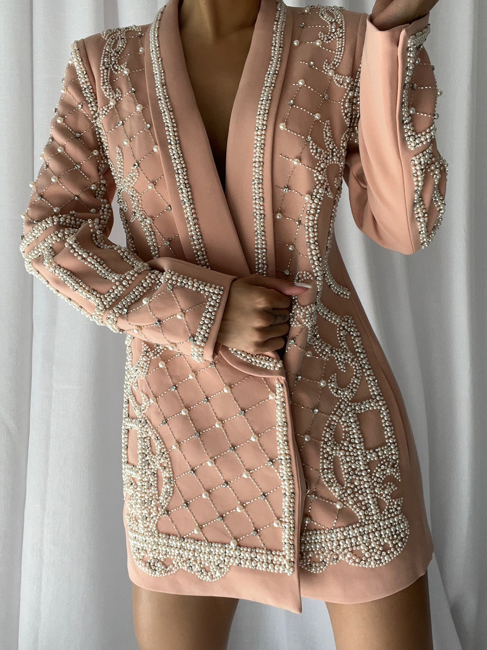 Nude Shawl Lapel Pearl Rhinestone Embellished Blazer Mini Dress 9