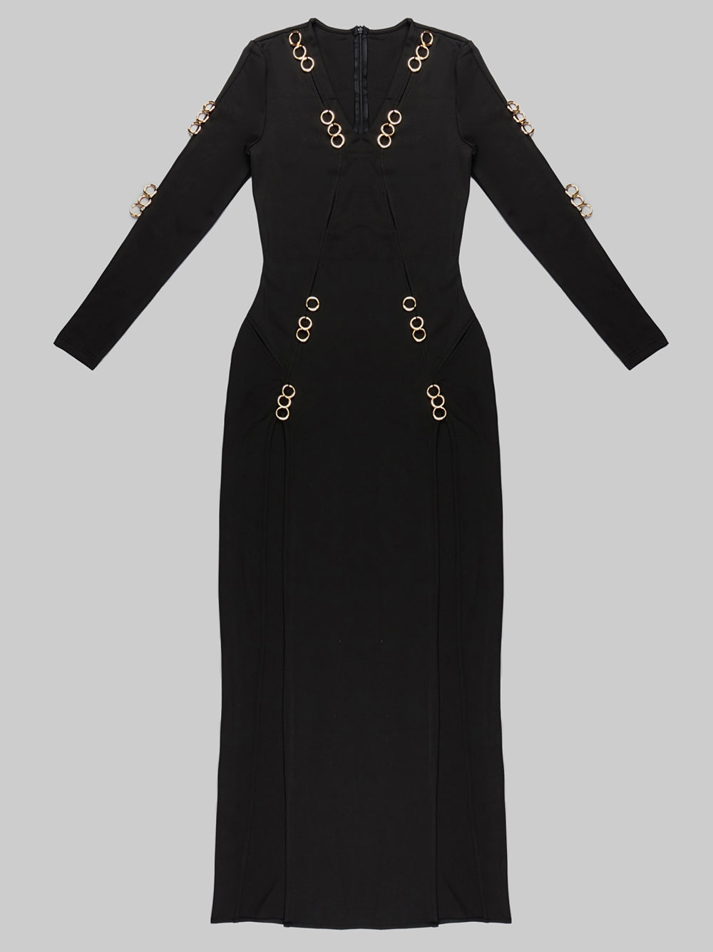 Black V-Neck Gold Ring Cutout Long Sleeve High Slit Bodycon Maxi Dress