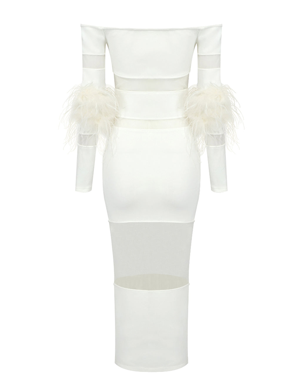 White Off-Shoulder Feather Cuff Long Sleeve Sheer Mesh Bodycon Midi Dress 4